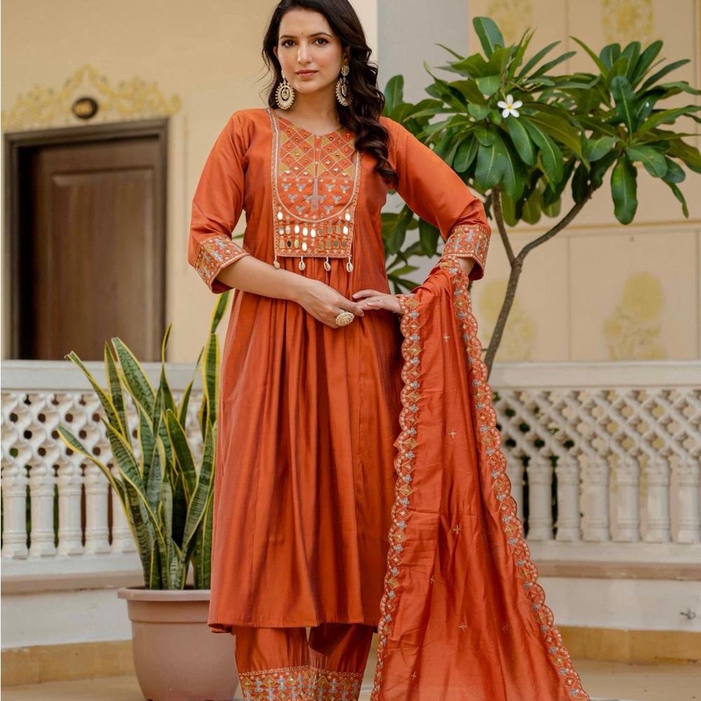 Elegant Orange Embroidered Kurta Set